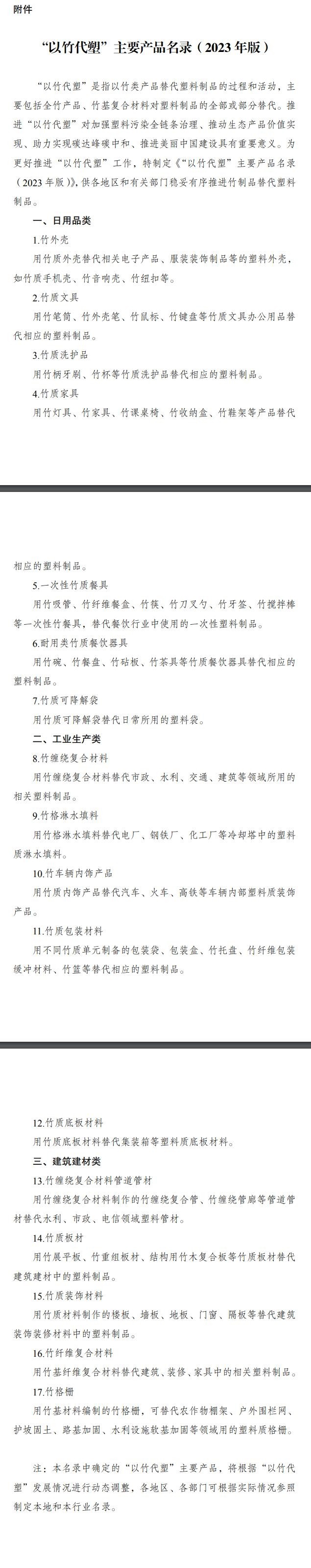 附件:“以竹代塑”主要產品名錄(2023年版) 附件:“以竹代塑”主要產品名錄(2023年版)